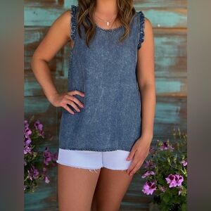 Doe & Rae Ruffle Frilled Women’s Tank Top. Denim Blue. Size Medium.